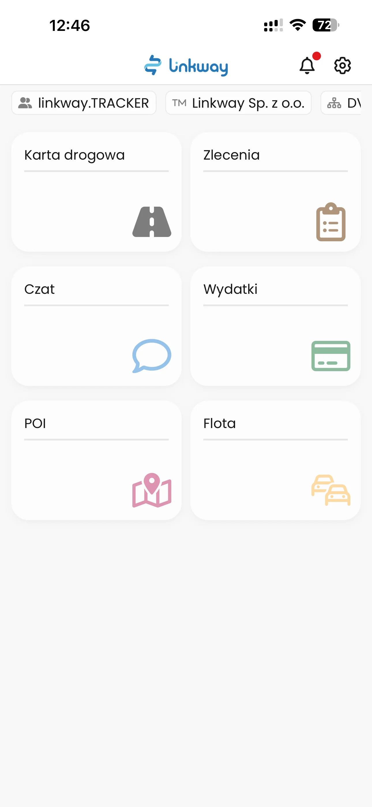 Ekran główny aplikacji Linkway TRACKER