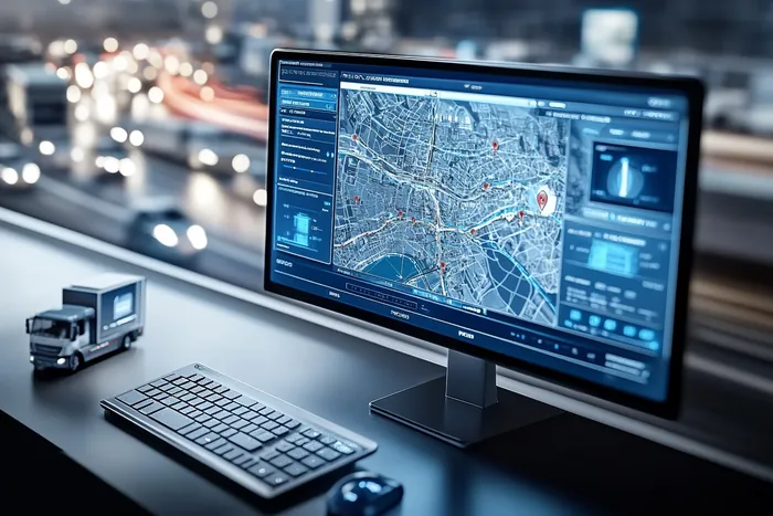 Hologramowy zegar i panel danych nad ośnieżoną drogą miejską