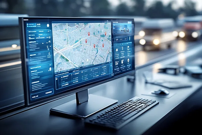 Szeroki monitor z mapą i pinezkami na biurku