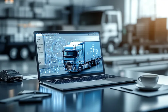 Laptop z wizualizacją ciężarówki na biurku