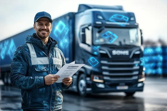 Pracownik z dokumentami przed ciężarówką