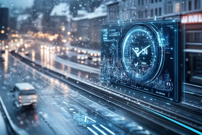 Hologramowy zegar i panel danych nad ośnieżoną drogą miejską