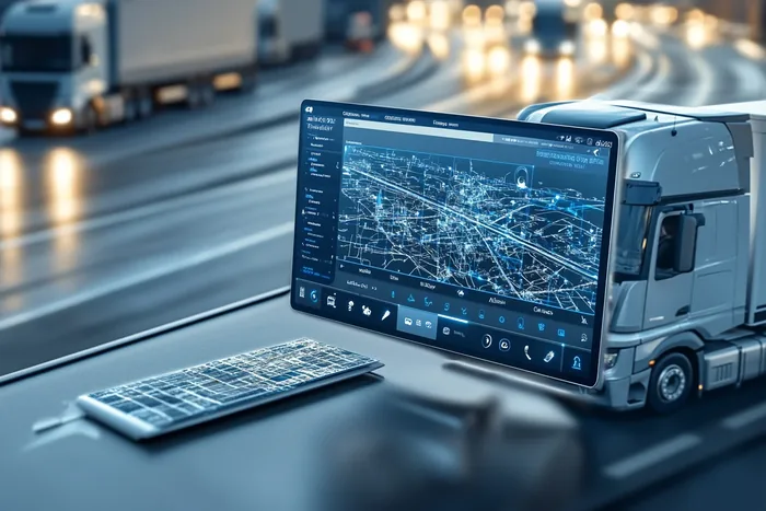 Tablet z mapą oparty przy makiecie ciężarówki