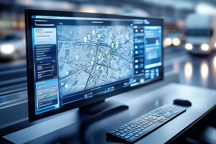 Szeroki monitor z mapą i pinezkami na biurku