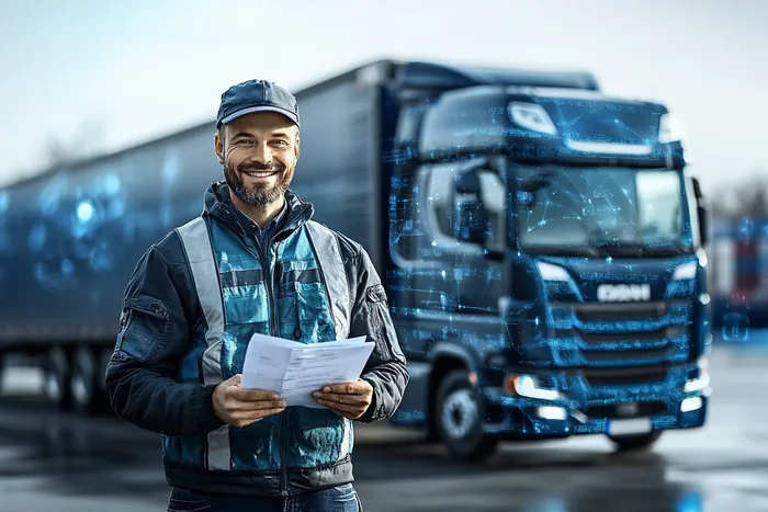 Pracownik z dokumentami przed ciężarówką
