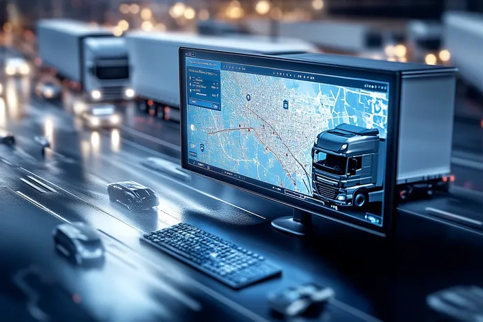 Hologramowy zegar i panel danych nad ośnieżoną drogą miejską