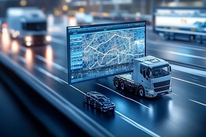 Panel z mapą obok miniaturowej ciężarówki na autostradzie