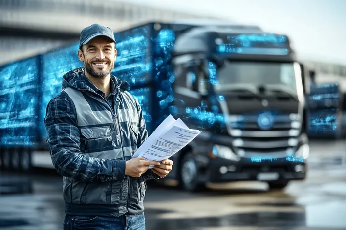 Pracownik z dokumentami przed ciężarówką