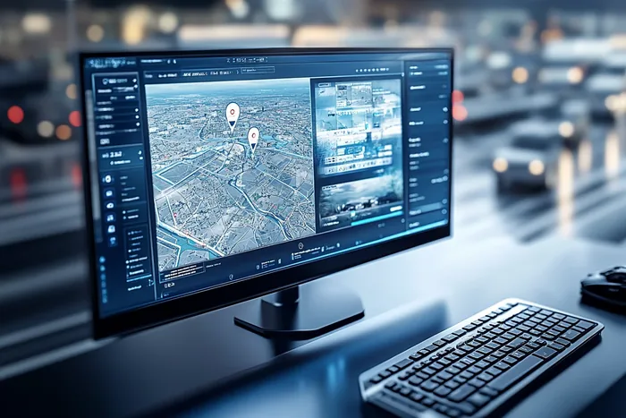 Szeroki monitor z mapą i pinezkami na biurku