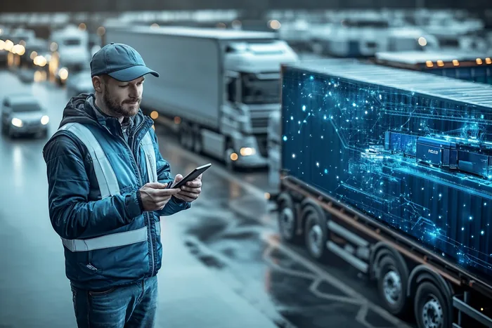 Hologramowy zegar i panel danych nad ośnieżoną drogą miejską