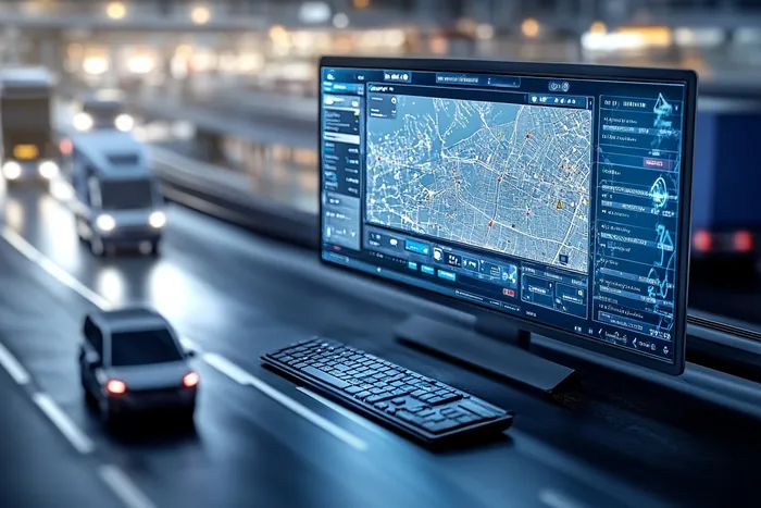 Hologramowy zegar i panel danych nad ośnieżoną drogą miejską