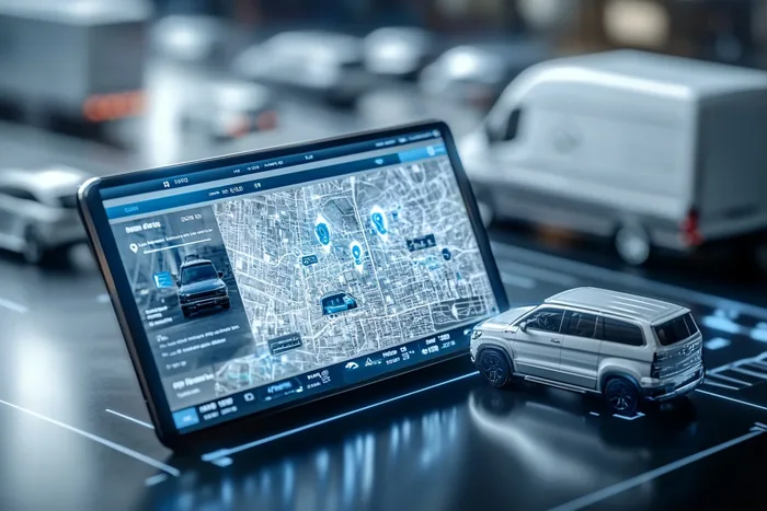 Tablet z mapą i makieta samochodu osobowego na powierzchni w stylu płytki drukowanej