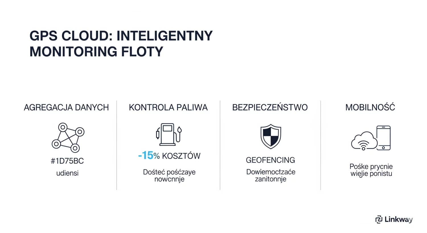 GPS Logistic - chmurowy monitoring i zarządzanie flotą pojazdów 1 Infografika systemu Linkway prezentująca funkcje GPS Cloud: agregację danych, kontrolę paliwa, bezpieczeństwo i mobilność.