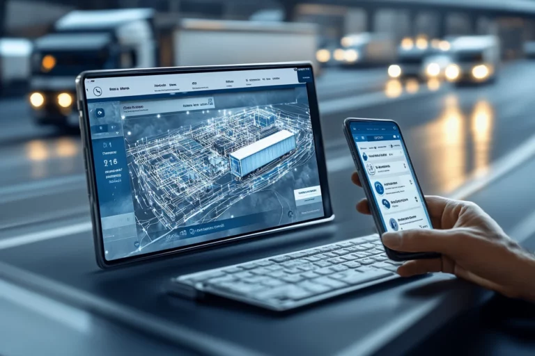 Tablet i smartfon z interfejsem Linkway INTEGRATOR na tle floty ciężarówek w centrum logistycznym.