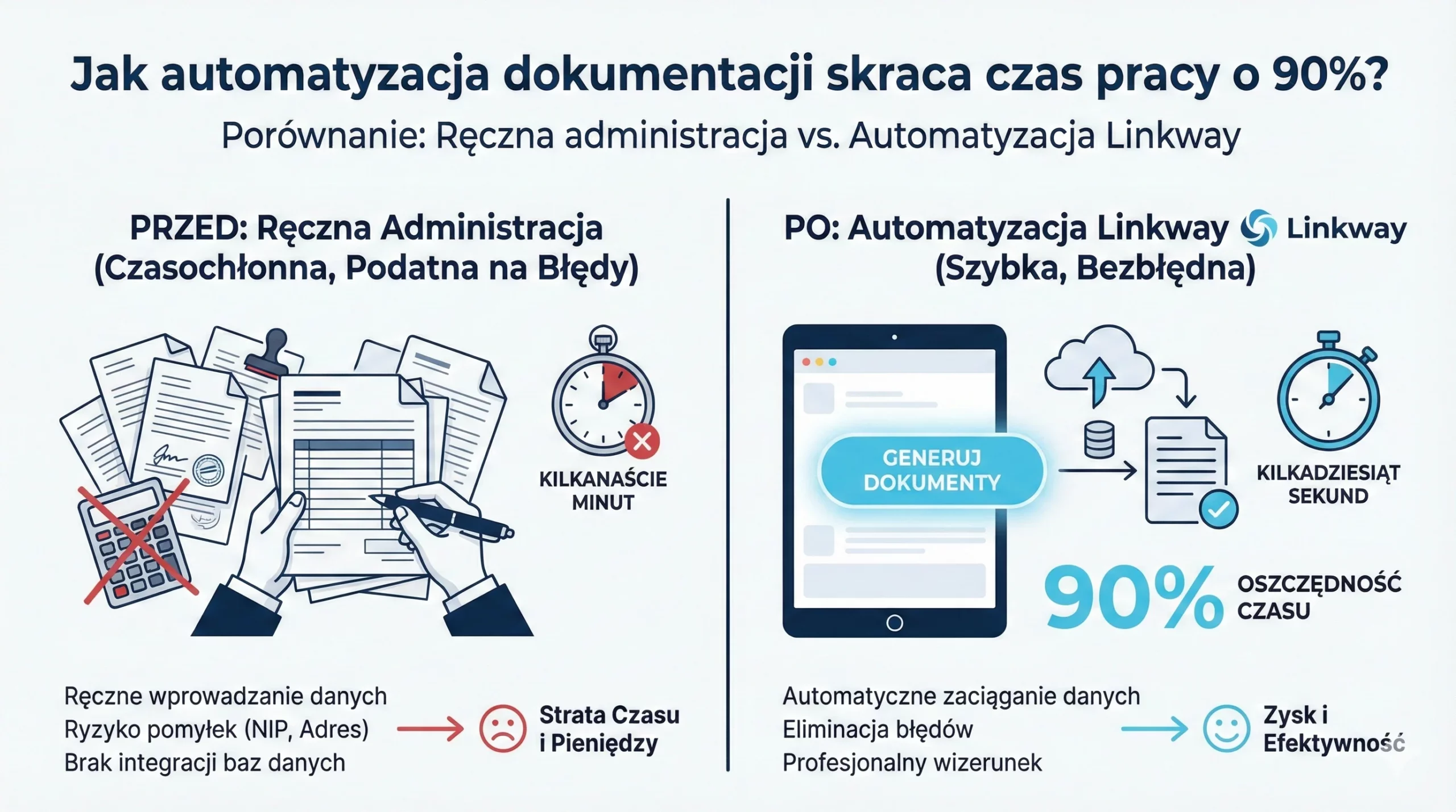 Program do zleceń transportowych 3 Porównanie ręcznej administracji z automatyzacją Linkway pokazujące 90% oszczędności czasu.