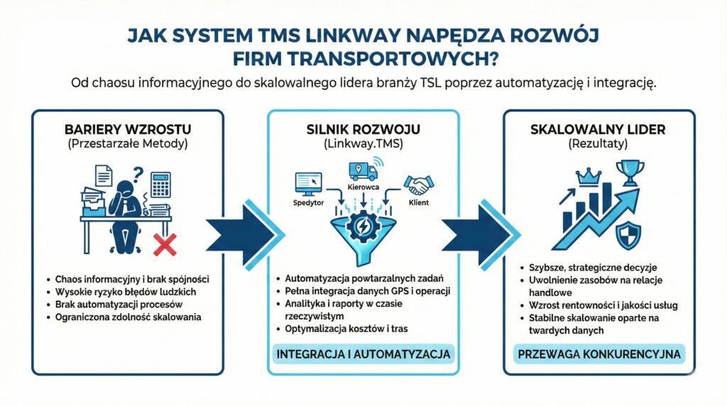 Jakie funkcje powinno mieć kompleksowe oprogramowanie dla logistyki? 2 Infografika przedstawiająca proces transformacji firmy transportowej dzięki systemowi TMS Linkway, od barier wzrostu i chaosu informacyjnego po status skalowalnego lidera dzięki automatyzacji.