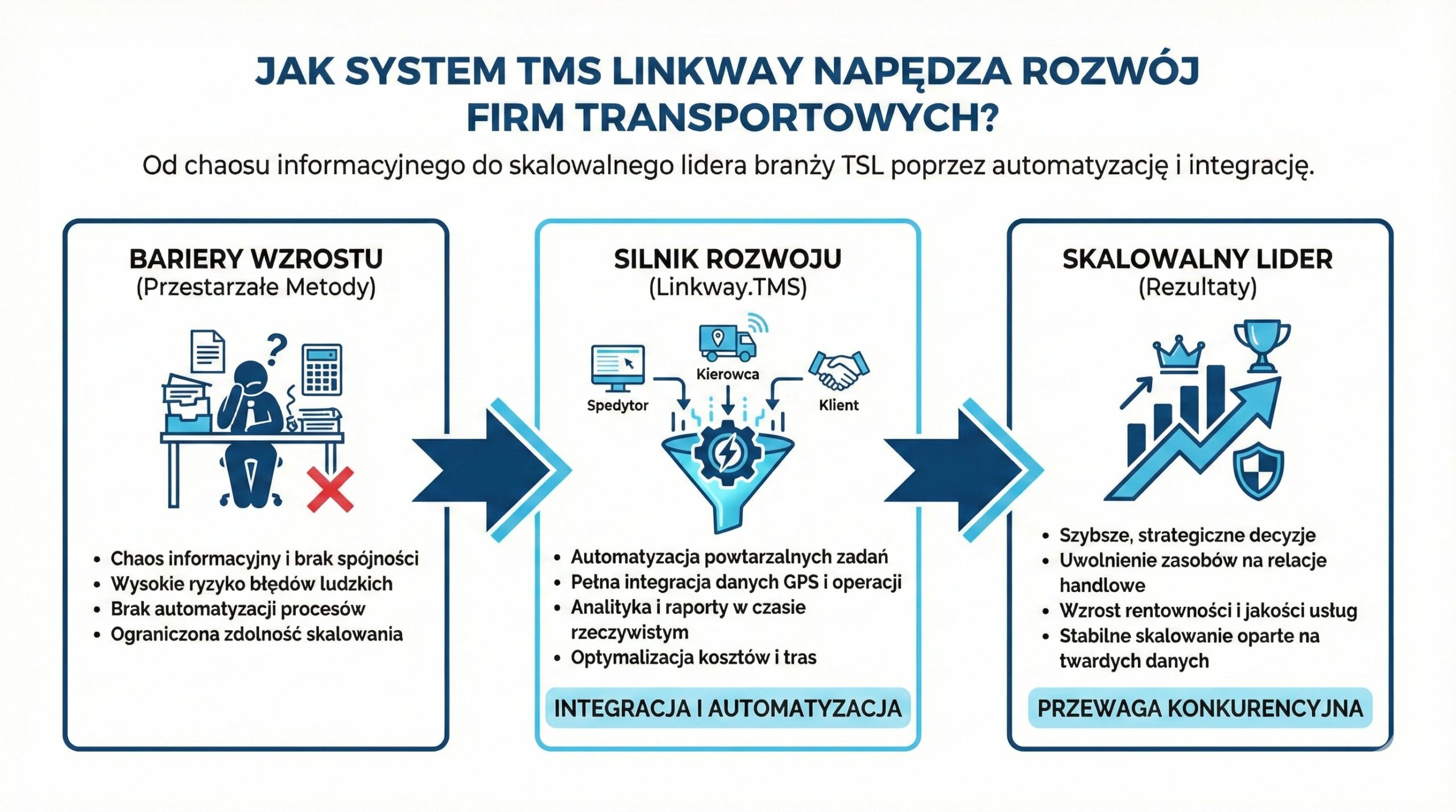 Jak program TMS od Linkway pomaga firmom transportowym rosnąć szybciej? 1 Infografika przedstawiająca proces transformacji firmy transportowej dzięki systemowi TMS Linkway, od barier wzrostu i chaosu informacyjnego po status skalowalnego lidera dzięki automatyzacji.