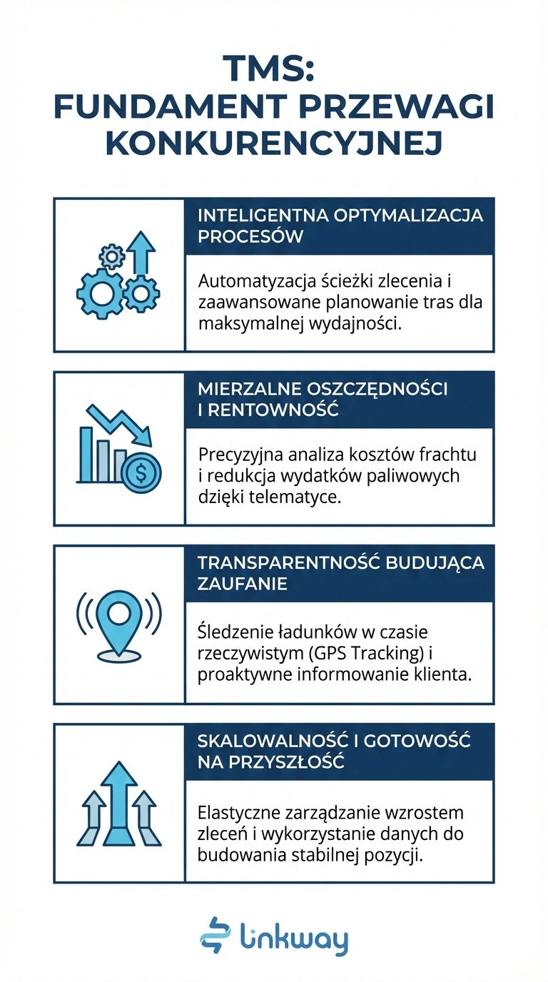 Aplikacja TMS jako kluczowa przewaga konkurencyjna operatorów logistycznych 4 Infografika przedstawiająca cztery kluczowe korzyści z wdrożenia systemu TMS jako fundamentu przewagi konkurencyjnej w logistyce.