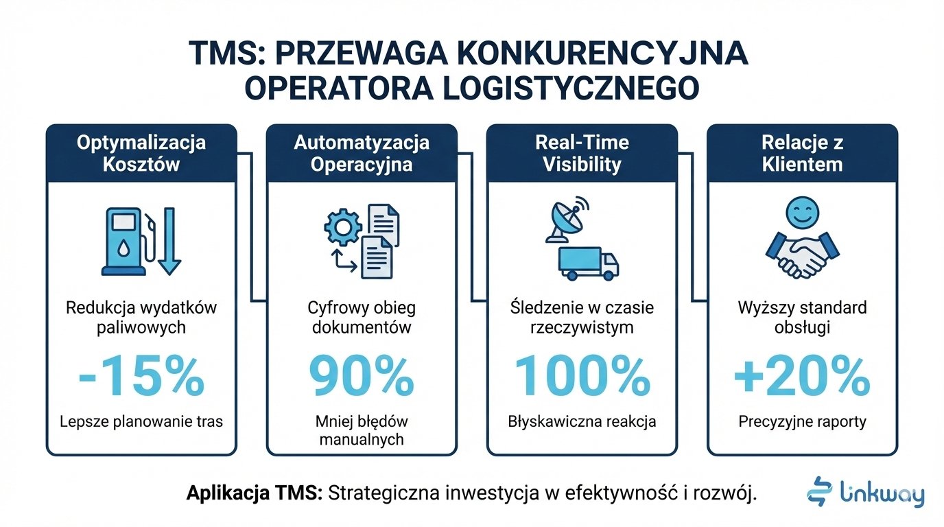 Aplikacja TMS jako kluczowa przewaga konkurencyjna operatorów logistycznych 1 Infografika przedstawiająca korzyści z wdrożenia systemu TMS, takie jak optymalizacja kosztów o 15% i automatyzacja procesów logistycznych w ofercie linkway