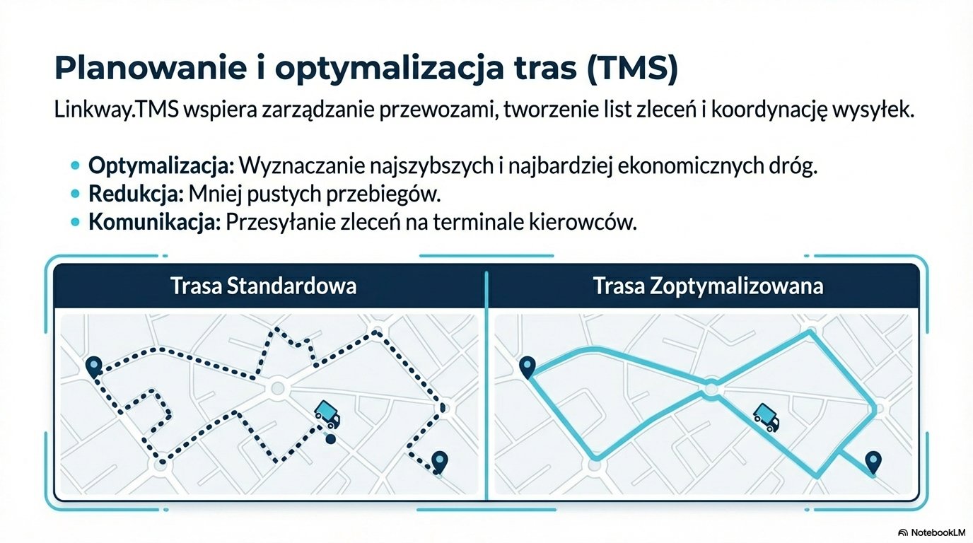 Schemat ekosystemu Linkway Solutions integrującego moduły TMS, TRACKER, INTEGRATOR i BRIDGE wokół centralnej platformy Linkway.FLEET.