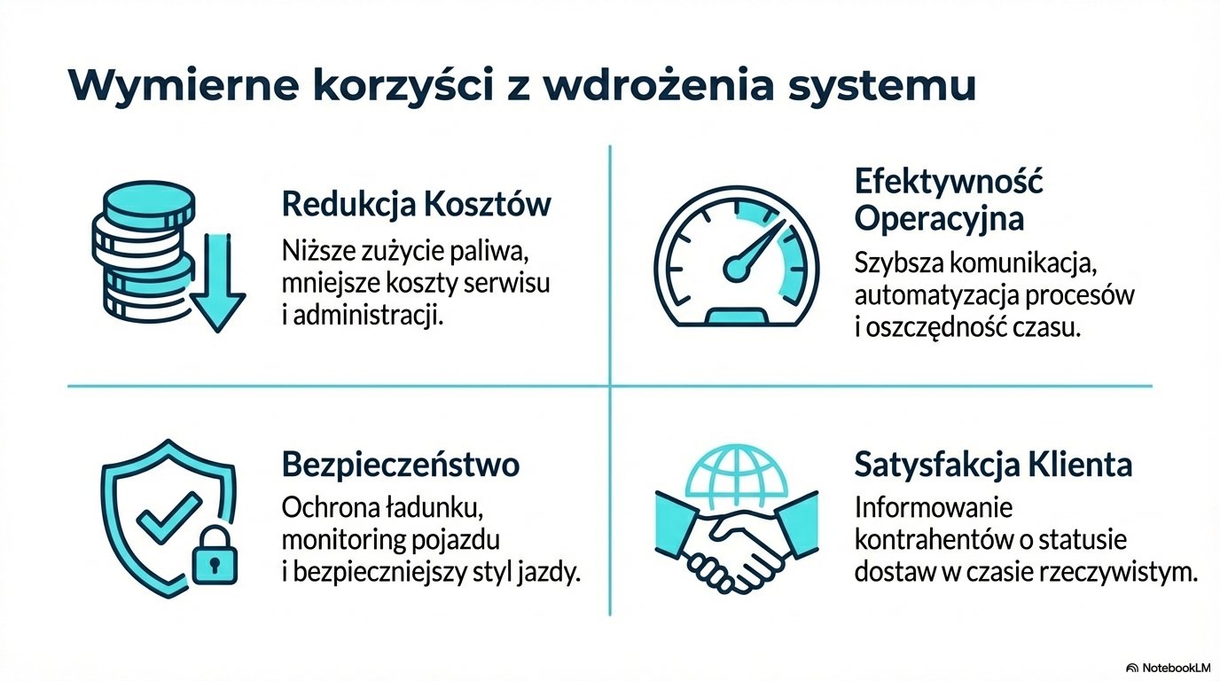 Infografika przedstawiająca wymierne korzyści z wdrożenia systemów, takie jak redukcja kosztów, efektywność operacyjna, bezpieczeństwo oraz satysfakcja klienta.