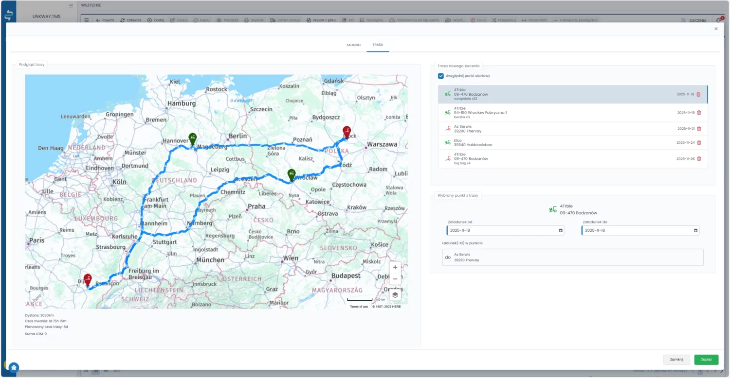 Linkway.OSB – kontroluj procesy w składzie budowlanym, tam gdzie toczy się biznes 1 Mapa z wyznaczoną trasą przejazdu w systemie transportowym Linkway TMS.