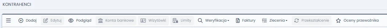 Pasek narzędziowy modułu Kontrahenci w systemie TMS z przyciskami do weryfikacji, finansów i zarządzania relacjami.