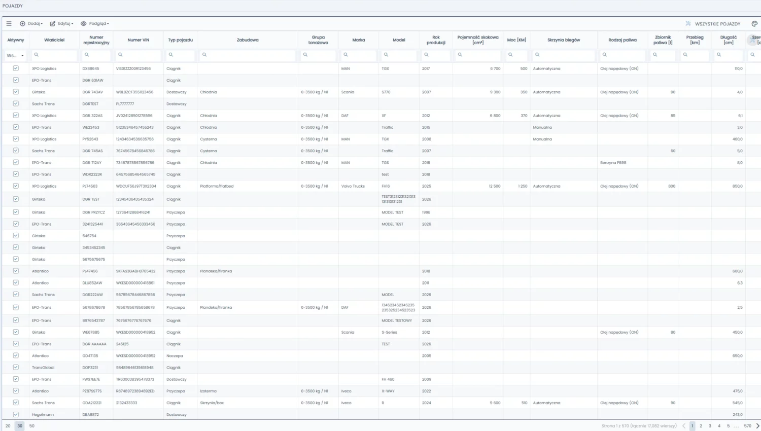 Program TMS w e-commerce - jak zapewnić terminowe dostawy i przewagę konkurencyjną 1 Tabela bazy pojazdów w systemie TMS z danymi technicznymi, numerami rejestracyjnymi i statusami aktywności.