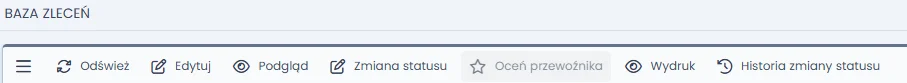 Pasek narzędziowy modułu Baza Zleceń w systemie TMS z przyciskami funkcyjnymi do zarządzania transportem.