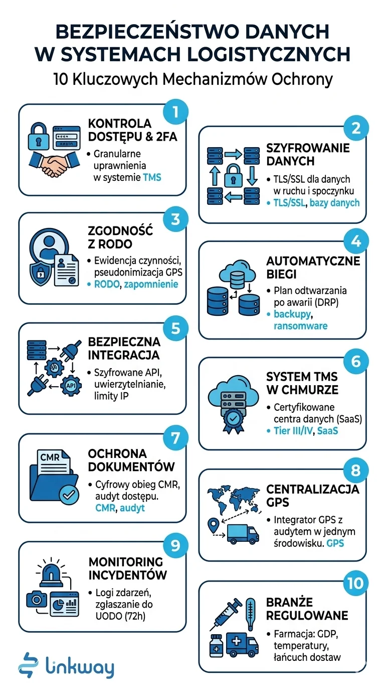 Bezpieczeństwo danych w systemach logistycznych 1 Infografika Linkway przedstawiająca 10 mechanizmów ochrony danych w systemach logistycznych TMS i transporcie.