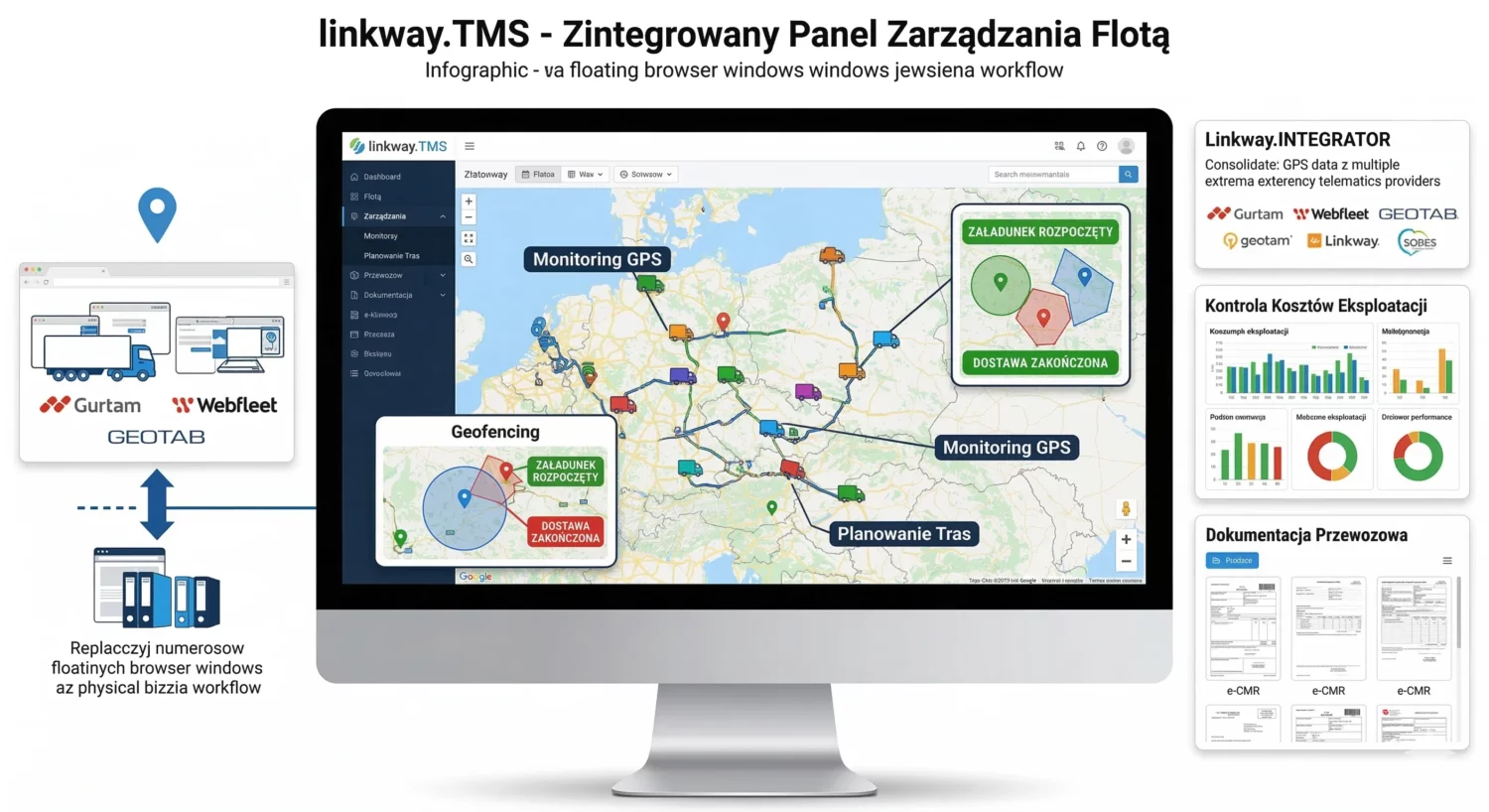Zarządzanie flotą w linkway.TMS - monitoring GPS, kontrola kosztów i dokumentacja w jednym systemie 1 Panel systemu linkway.TMS z mapą GPS, modułem geofencingu oraz integracją z telematyką Gurtam, Webfleet i Geotab.