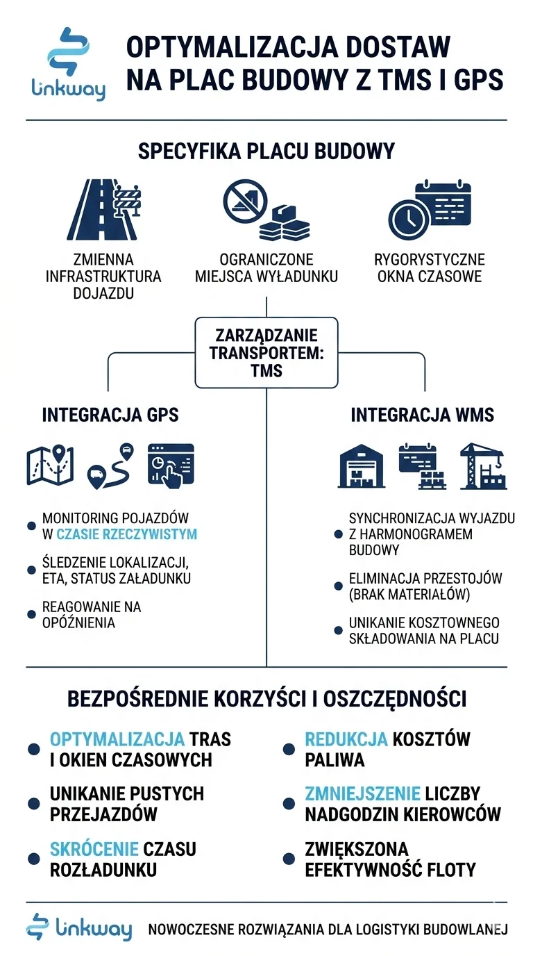 Gdy TMS jest odpowiedzią na potrzeby logistyki w budownictwie 4 Infografika Linkway przedstawiająca optymalizację dostaw na plac budowy z wykorzystaniem systemów TMS, GPS oraz WMS.
