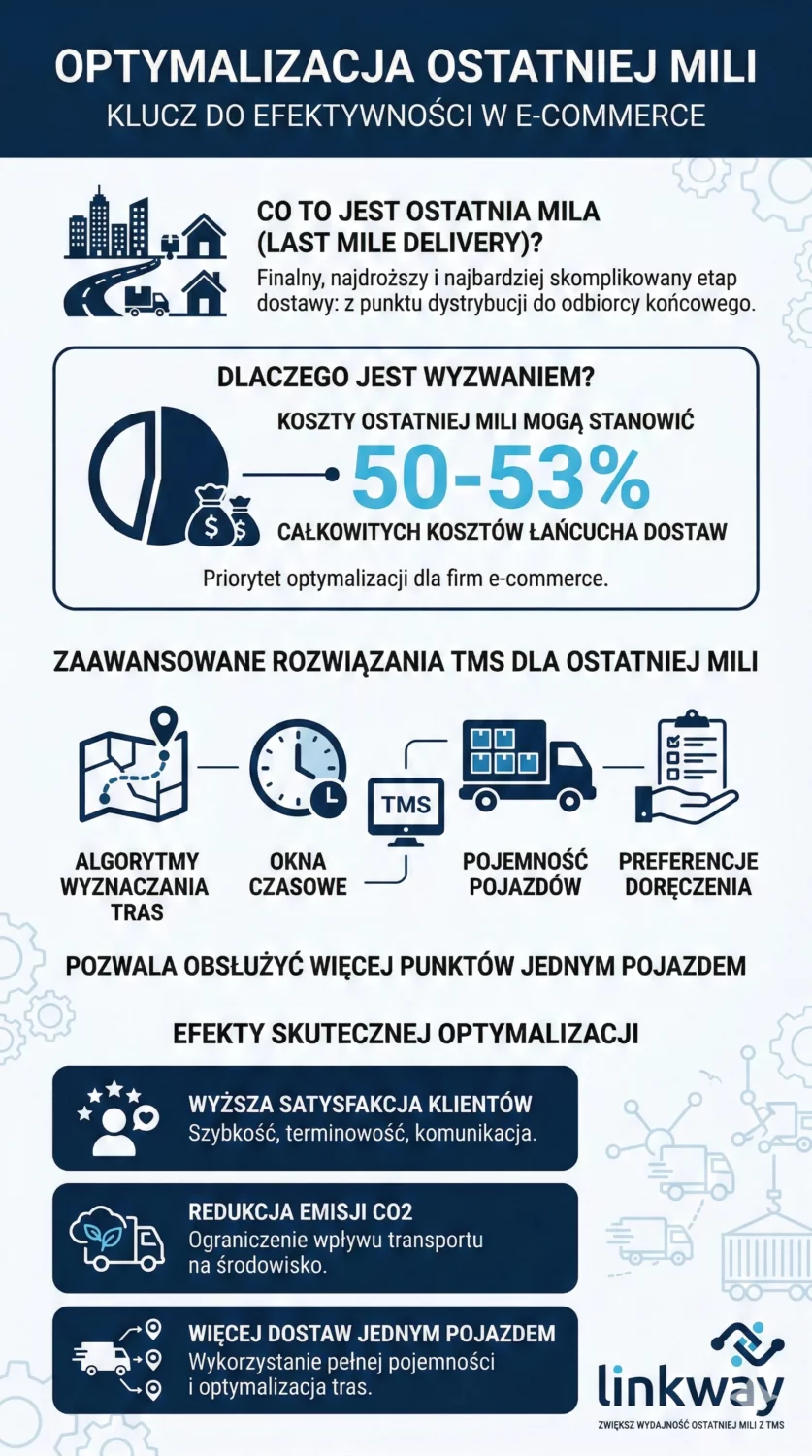 Program TMS w e-commerce - jak zapewnić terminowe dostawy i przewagę konkurencyjną 2 Infografika Linkway o optymalizacji ostatniej mili w e-commerce i redukcji kosztów logistyki dzięki systemowi TMS.
