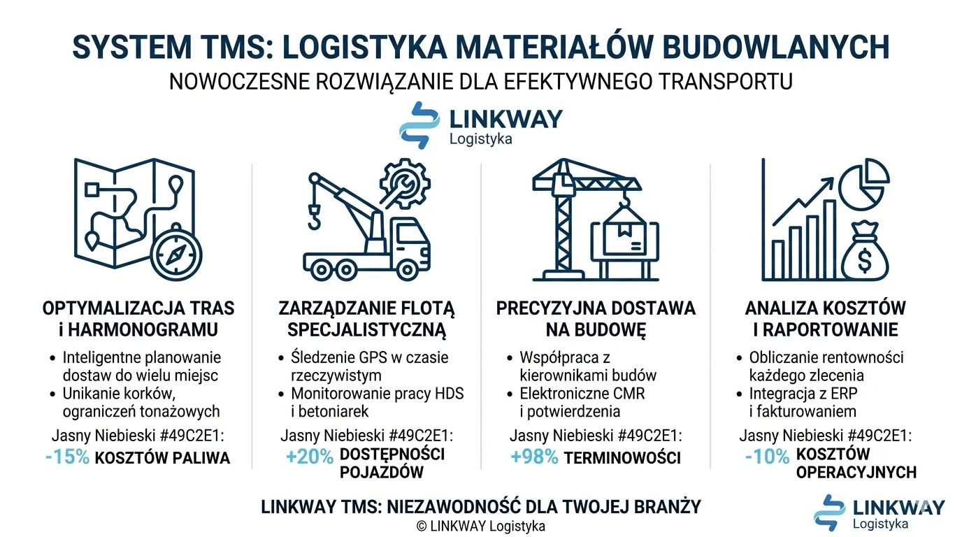 TMS logistyka budowlana – jak system Linkway optymalizuje transport materiałów na budowę 3 System TMS Linkway do logistyki materiałów budowlanych prezentujący korzyści z optymalizacji transportu i floty.